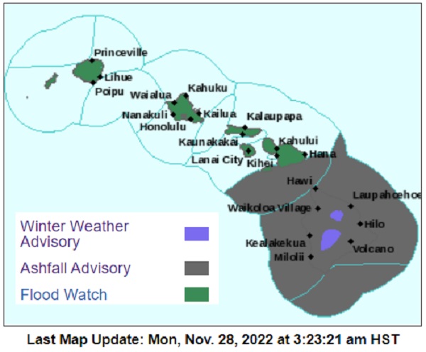 theWeatherboy's tweet photo. In addition to Winter Weather Advisories up for snow/freezing fog on Mauna Kea &amp; #MaunaLoa volcanoes, an #AshfallAdvisory is in effect for the entire Big Island &amp; surrounding waters, including waters off the Maui coast. Up to 1/4" of ash could fall. #HIwx 
https://t.co/lUtpf8gIfQ https://t.co/oqTNiE3xXF