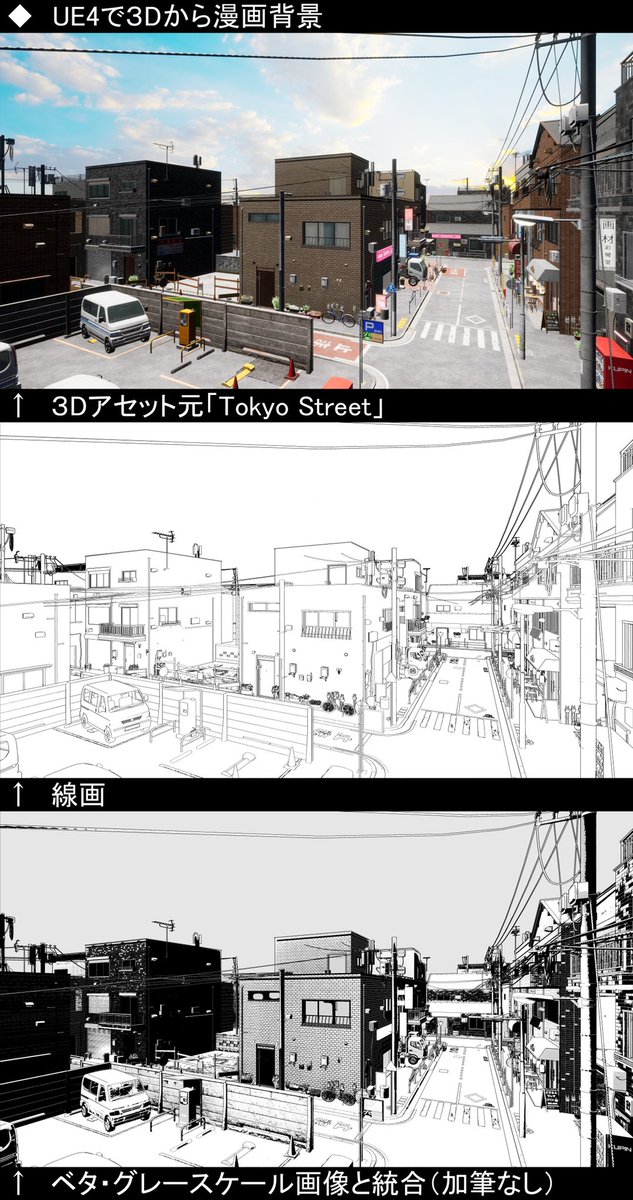 UE4で漫画用背景テスト(日本の街)
600dpi用の画像から縮小しています。 