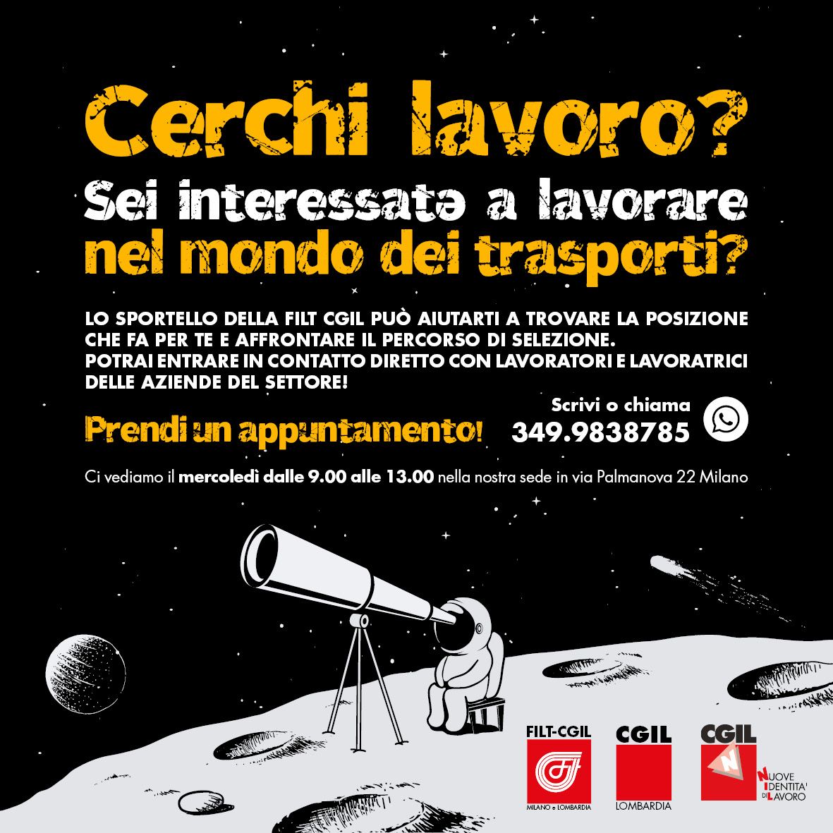 filtcgilMilano's tweet photo. Cerchi #lavoro? Sei interessatə a lavorare nel mondo dei #trasporti?
Prendi un appuntamento e #condividi!
@NIdiLCGIL @CGILLOMBARDIA
#solcgil #solcgilmilano #filtcgil #sportello #orientamento #moon #luna #Artemis1 #cgil #cercolavoro #TrovaLavoro #assunzioni #airport #train #bus https://t.co/T4TKEUDOBM