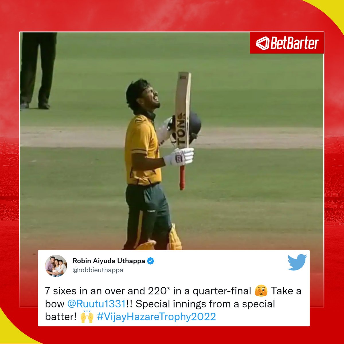 BetBarteronline's tweet photo. One Chennai star to another Chennai star 💛

#RuturajGaikwad #MAHvsUP #VHT #VijayHazareTrophy2022 #VijayHazareTrophy  #VHT2022 https://t.co/Iep7WTi2l8