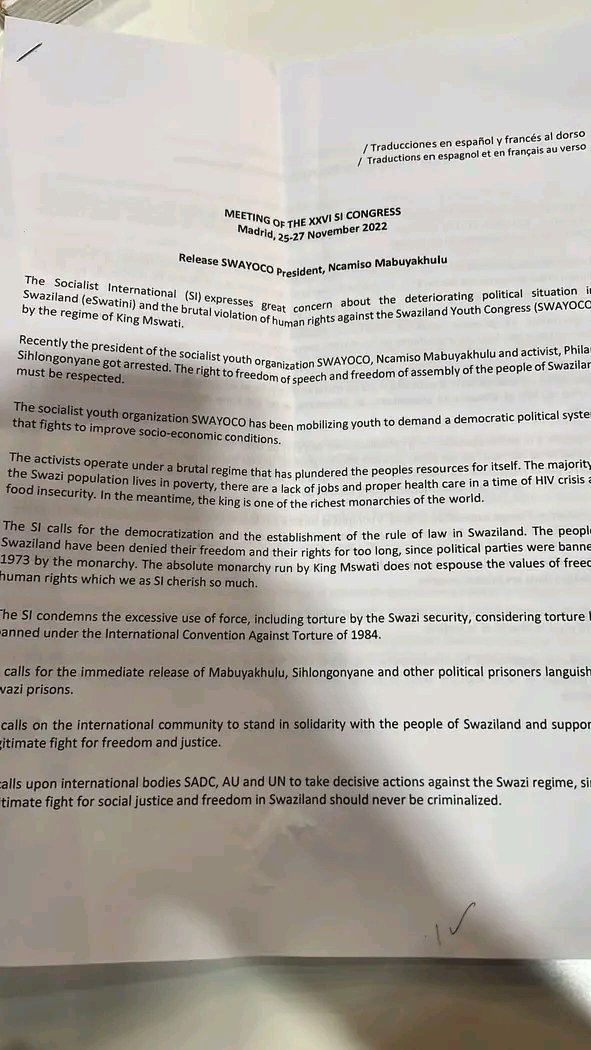 SWAYOCO's tweet photo. @Soc_Intl ADDS ITS VOICE ON RELEASE OF SWAYOCO PRESIDENT MABUYAKHULU AND COMRADE PHILANI 
The 26th Congress of Socialist International held in Madrid, Spain 25-27 November has added weight to the call for the release President Ncamiso Mabuyakhulu and Philani Sihlongonyane. https://t.co/h56lgP7uWq