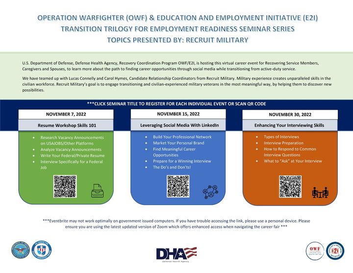📣 Recovering Service members, caregivers, spouses
Take part in part three of OWF/E2I's Transition Trilogy for Employment Readiness Seminar Series. #warriorcaremonth
👉 Enhancing Interviewing Skills for Success
📅 Nov 30, 1-2:30 pm ET
RSVP: bit.ly/3Ak3Z2s or scan QR code