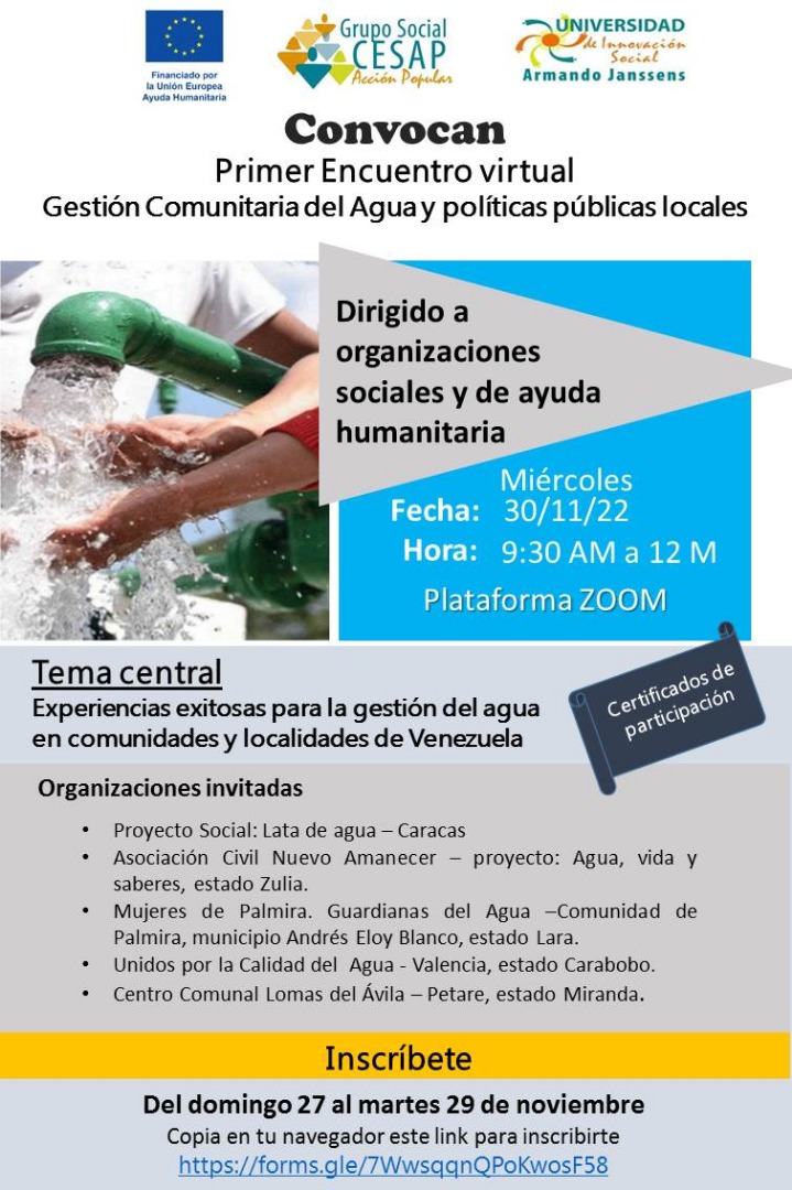 CESAP_AC's tweet photo. Este miércoles #30Nov, la Universidad de Innovación Social Armando Janssens, asociada del Grupo Social Cesap, estará realizando el Primer Encuentro "Gestión Comunitaria del Agua y Políticas Públicas Locales". Te animamos a que nos acompañes: https://t.co/9mJz0oGB2e