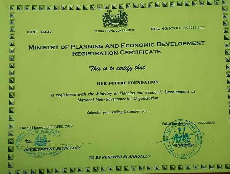 HerFutureFound1's tweet photo. @HerFutureFound1 our registration certificates https://t.co/mtCi2oF3AS  and program policies https://t.co/inAQ5dGWOK… that support gender transformative approaches in our programing.

@meltemagduk, @mtushiminina, @GPtoEndFGM, @fgm_global, @EUinSierraLeone, @IrlEmbFreetown https://t.co/oWIdBws43s