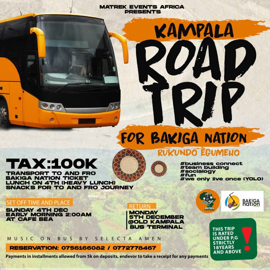 BakigaNation's tweet photo. Do you know anyone in Kabale that would like to come for Rukundo Egumeho! 
@matrekevents is organizing a #RoadTrip from Kabale2Kampala for #10Edition of #RukundoEgumeho 

#RukundoEgumehoAt10
#MyStory #OmuganeGwangye 
#Sun4thDec #BakigaNation 
#CelebrationOfOurCulture https://t.co/cFuGUsbzQz