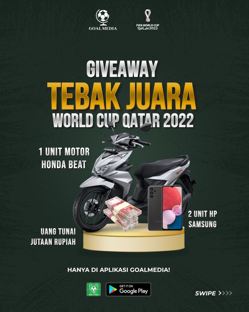 Giveaway!
Berhadiah:
- 1 Unit Honda Beat
- 2 Unit HP 
- Rp 2 Juta untuk 10 pemenang

Syarat :
1. RT Tweet ini
2. Download aplikasi Goalmedia disini : play.google.com/store/apps/det…
3. Registrasi akun di Aplikasinya, lalu kirim bukti Screenshot regis ke DM <a href="/goalmediaco/">Goalmedia</a> 
#Giveaway