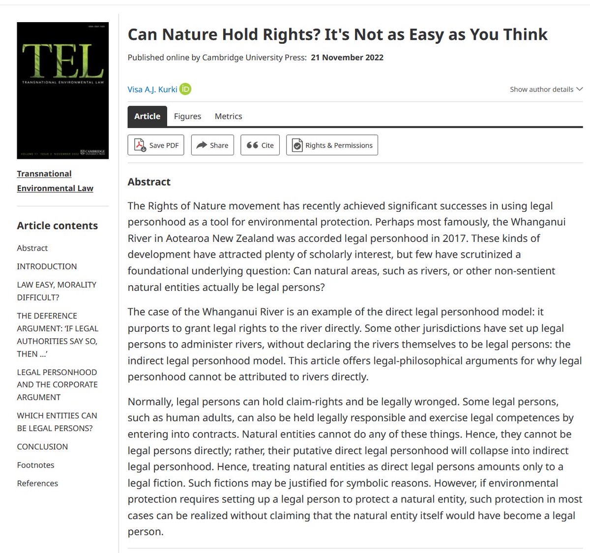 visakurki's tweet photo. This piece I wrote 2½ years ago is now out (OA). 

Still asking for trouble - main claims: 
(1) Not everything can be a legal person.
(2) In particular, natural objects cannot.
(3) Even if they could, this is a substantive question, not  a formal one.

https://t.co/OHTrF2icra https://t.co/ROooYZ3AVG