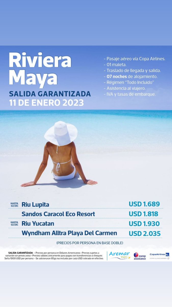 AremarViajesPy's tweet photo. Rιʋҽɾα Mαყα
11 𝑬𝑵𝑬𝑹𝑶 2023 ✈️
Comunícate con nosotros:
☎️ Teléfono: (021) 440872
📞 0981972127
Link: https://t.co/Zx5MbI6WRr
📩 Email: regina_viajes@hotmail.com
#aremarviajes #aremar #turismo #reserva #paquete #riveramaya https://t.co/nNtPS9mH1d