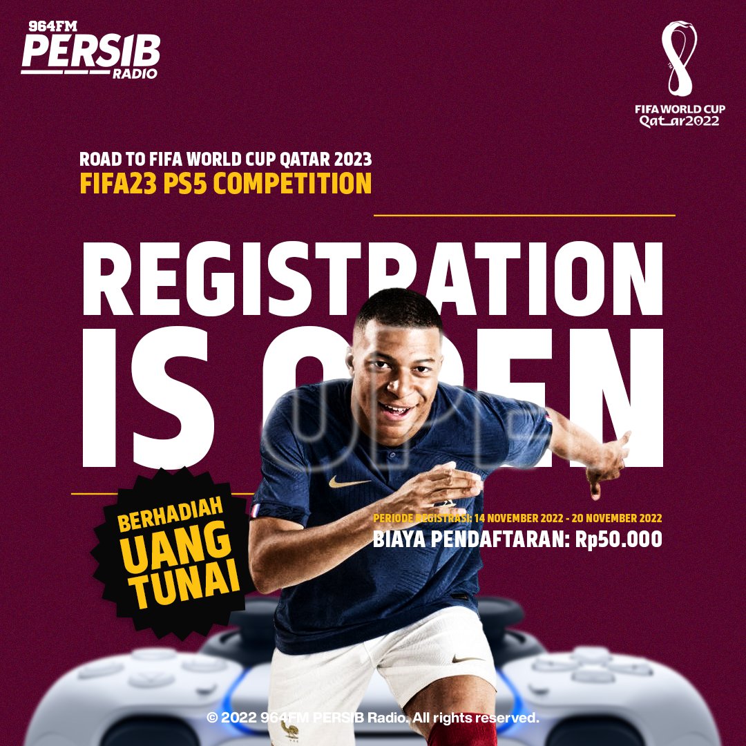 Balad Bandung #Reminder
Persib Radio mengadakan kompetisi FIFA23 PS5 berhadiah uang tunai.

Match bakal digelar dalam 1 hari (Sebelum Final World Cup)
Minggu, 18 December 2022 16:00 - Selesai

docs.google.com/forms/d/e/1FAI…

Hayu buruan daftar 🙌
#PersibRadio #FIFA23