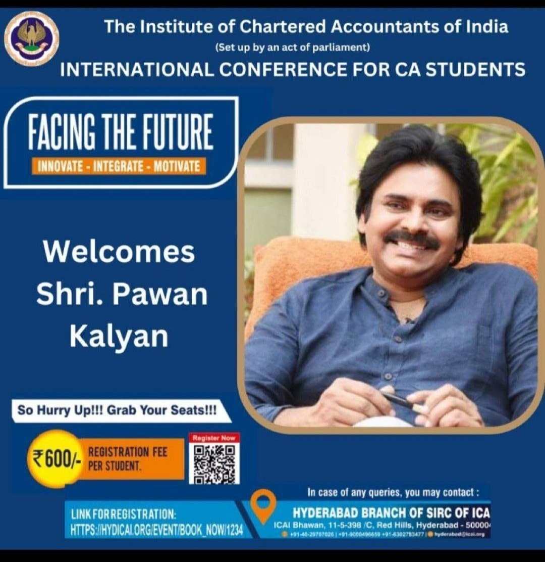 SKR_JanaSena_88's tweet photo. @JanaSenaParty chief @PawanKalyan will be attending the international conference for CA students which is being conducted by SICASA.
This is hugeee🔥
#ICAI #Sicasa https://t.co/KhmJvpcdi9