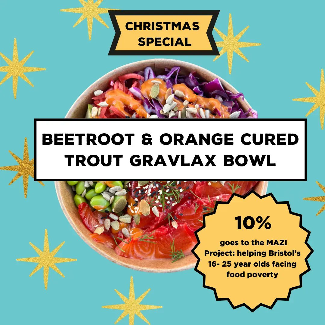 We have a Christmas special on the menu! We've cured our Hampshire chalkstream trout in beetroot, orange zest and dill to make a delish Christmas gravlax. And 10% of the sales from this Christmas bowl goes to @MaziProject - helping Bristol's 16-25 year olds facing food poverty.