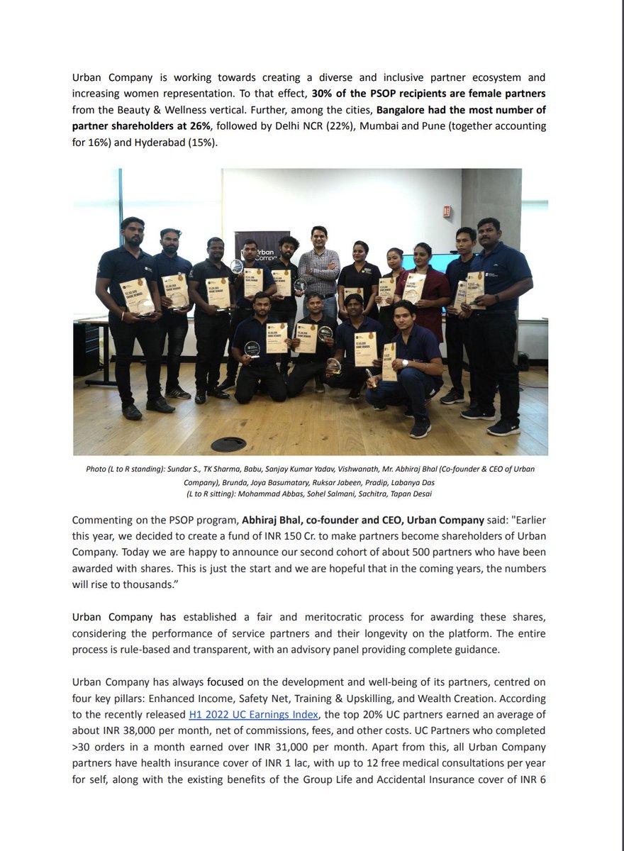 urbancompany_UC's tweet photo. As part of the industry-first INR 150 Cr. Partner Stock Ownership Plan for our service partners, we've granted stocks worth INR 5.2 Cr. to about 500 partners across India in November
➡️30% recipients are female partners 
➡️Highest no. of partner shareholders in Bengaluru with 26% https://t.co/trIpGtdzzt