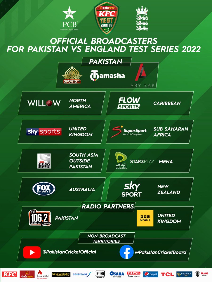 TheRealPCB's tweet photo. ➡️ Official broadcasters for the #PAKvENG Test series

More details ➡️ https://t.co/nCMp3aU2g5

#UKSePK https://t.co/QMGBIiy1nV