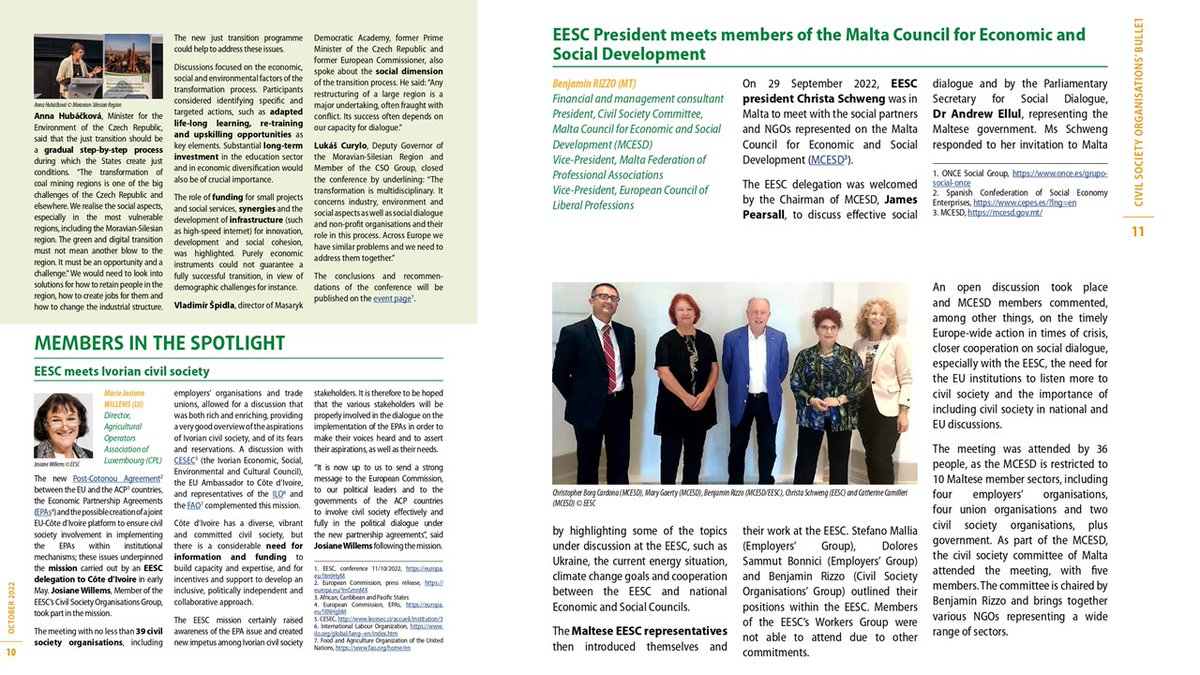 CSOGroupEESC's tweet photo. 🗞️In our bulletin, we regularly inform about the activities of our Members. In our latest issue, read:
Josiane Willems' mission to #IvoryCoast
Benjamin Rizzo's participation in a meeting w/ Malta Council for Economic & Social Development #MCESD
P. 10-12👉 https://t.co/AcrNDxlftQ https://t.co/pIZ7YX32yk