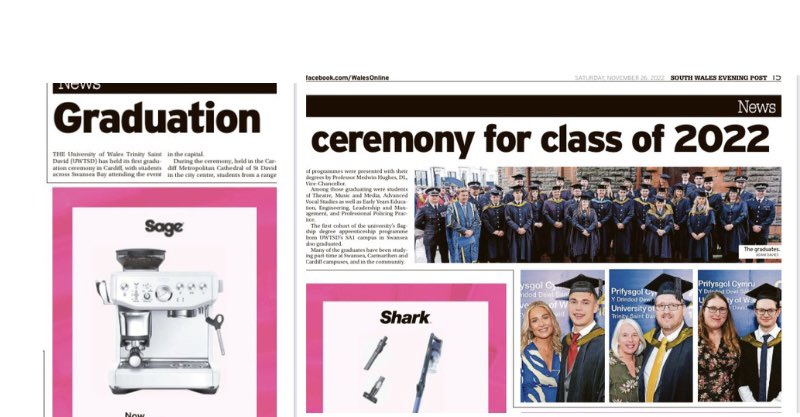 UWTSD's tweet photo. ❤️🎓Lovely coverage of Friday’s Graduation Ceremony in Cardiff, in the South Wales Evening Post!
#UWTSDGrad
@BlynCynnarUWTSD @PerfformioYDDS @swpolice @gwentpolice @bronnysteve @MABridget https://t.co/oQcMho3VND
