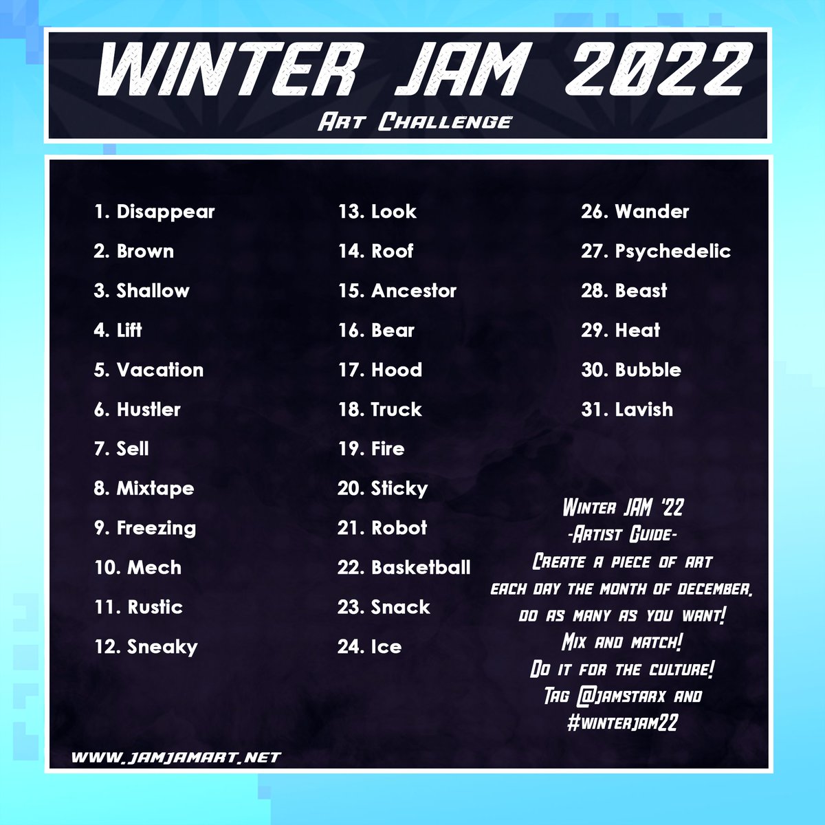 jamstarX's tweet photo. #Winterjam22 Drawing Challenge!
31 days to celebrate the winter and keep your art practice going!!
-Any medium
-any size
-Have fun with as many as you can
-Tag your work with #winterjam22 and tag me @jamstarX
-Share with your friends!! https://t.co/oDz3nQccA5