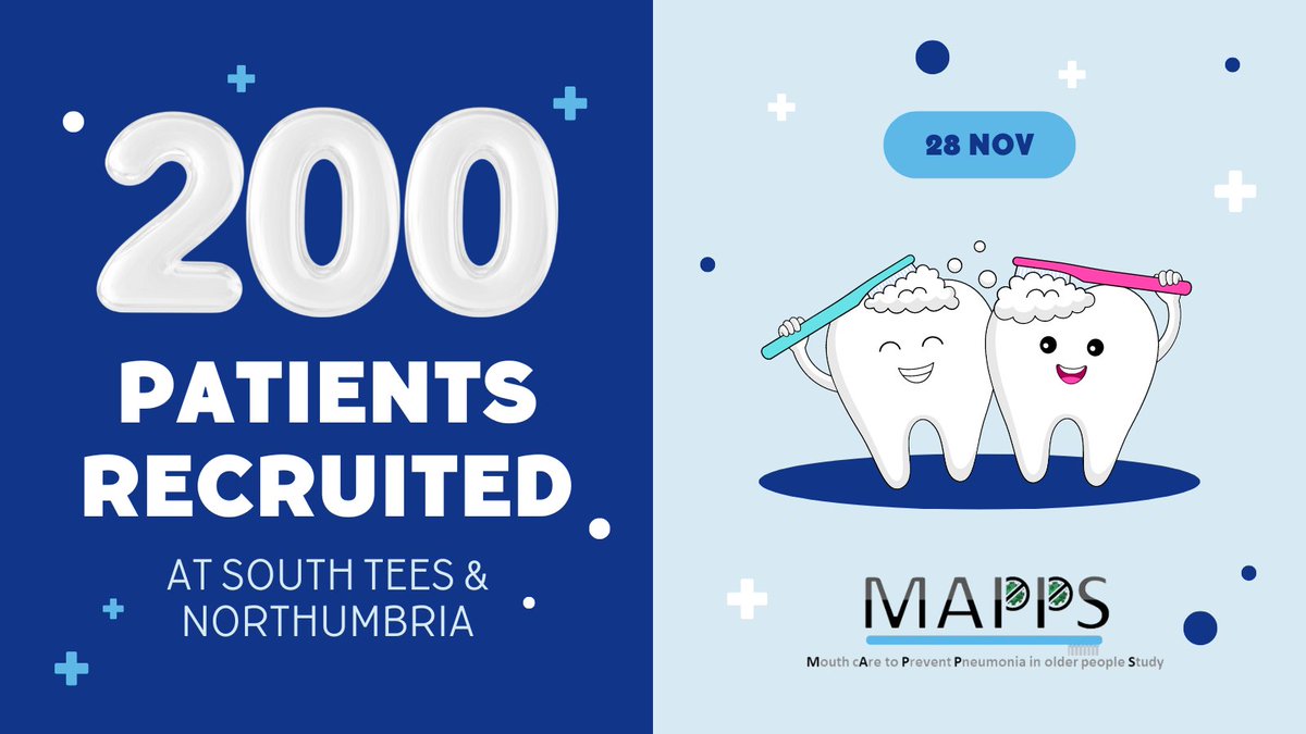 Academic Centre for Surgery (ACeS) (@aces_southtees) on Twitter photo Congratulations to Daisy @steesresearch who has recruited our 200th patient to MAPPS (mouth care to prevent pneumonia in older people study) across <a href="/SouthTees/">South Tees Hospitals</a> and <a href="/NorthumbriaNHS/">NorthumbriaNHS</a> !! 🥳🎉
<a href="/LKottam/">Lucksy Kottam</a> @OlderTrialsProf <a href="/Williameardley/">Will Eardley</a> <a href="/joyadamson_ytu/">joy adamson</a> <a href="/hellyerthomas/">Tom Hellyer</a> Congratulations to Daisy @steesresearch who has recruited our 200th patient to MAPPS (mouth care to prevent pneumonia in older people study) across <a href="/SouthTees/">South Tees Hospitals</a> and <a href="/NorthumbriaNHS/">NorthumbriaNHS</a> !! 🥳🎉
<a href="/LKottam/">Lucksy Kottam</a> @OlderTrialsProf <a href="/Williameardley/">Will Eardley</a> <a href="/joyadamson_ytu/">joy adamson</a> <a href="/hellyerthomas/">Tom Hellyer</a>