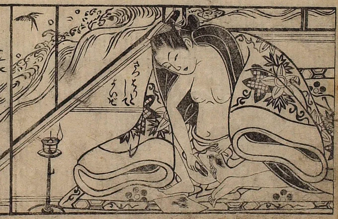 わたしのお気に入り春画のひとつ。
江戸初期にしてパイパンの快感を知るおなご。「さっぱりとして良いぞ」とその心地よさを語る。 