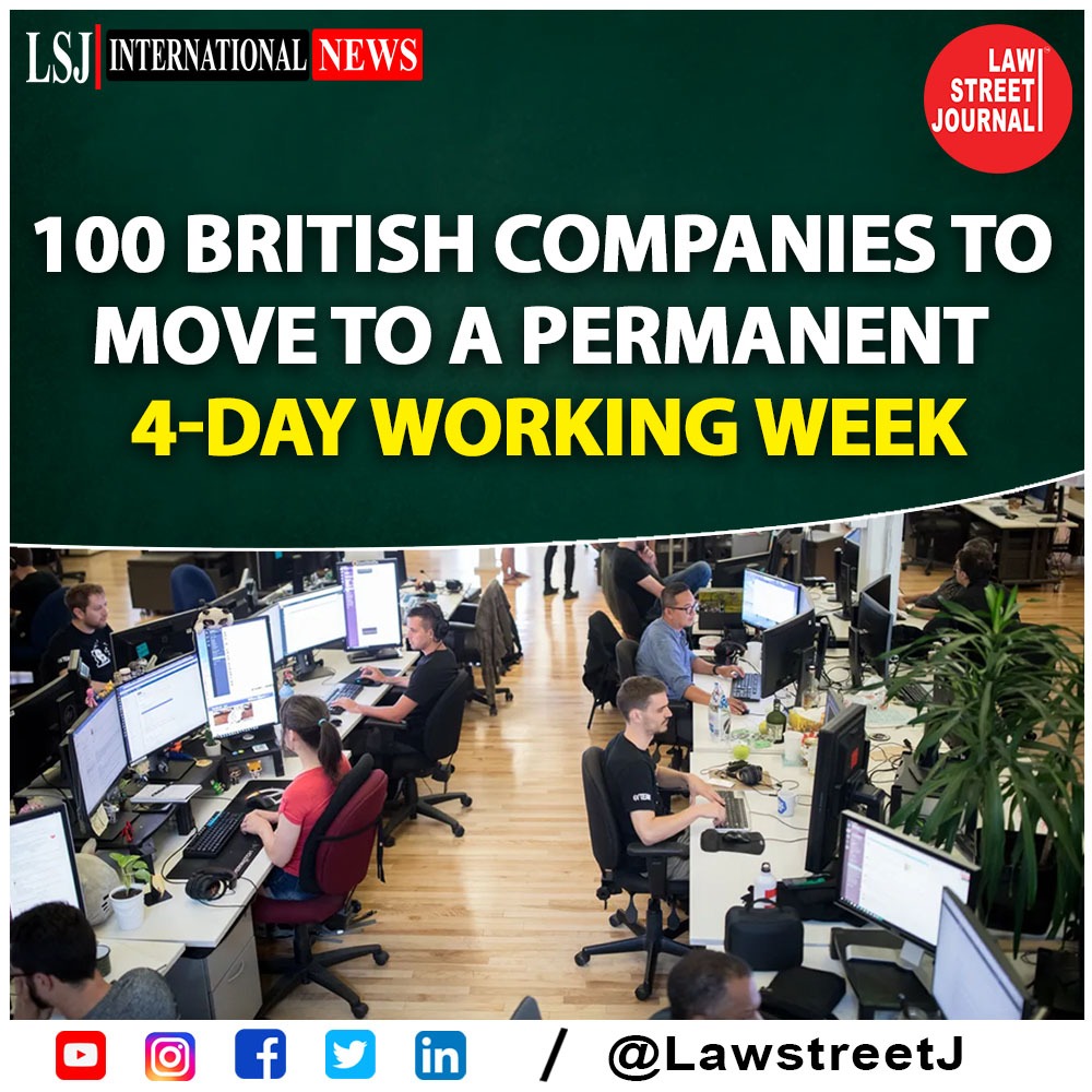 LawstreetJ's tweet photo. UK will switch to a four-day working week with no loss in pay after 100 UK companies signed up to the permanent four-day working weeks for all their employee.
#UnitedKingdom #fourdayworkingweek #companies #worklife #employees #LawstreetJ https://t.co/Hjog3Yoi2c