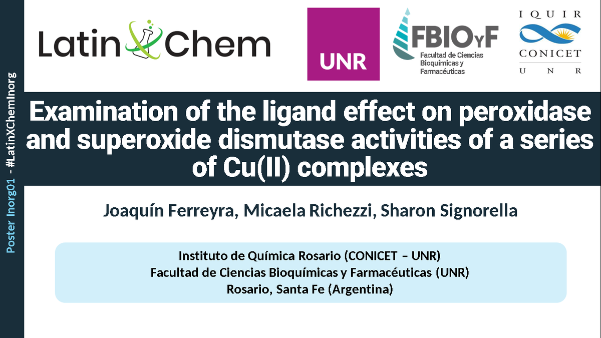 Joaquín Ferreyra (@_joaferreyra) on Twitter photo Hi <a href="/LatinXChem/">LatinXChem</a>, here's ‘Examination of the ligand effect on peroxidase and SOD activities of a series of Cu(II) complexes’, the work I'm presenting along with <a href="/MicaRichezzi/">Mica Richezzi</a> & <a href="/ShariSignorella/">Sharon•♡</a>
Watch our poster: youtu.be/eiB6xEG-ZqU
#LatinXChem22 #LXChemInorg #Inorg001 Hi <a href="/LatinXChem/">LatinXChem</a>, here's ‘Examination of the ligand effect on peroxidase and SOD activities of a series of Cu(II) complexes’, the work I'm presenting along with <a href="/MicaRichezzi/">Mica Richezzi</a> & <a href="/ShariSignorella/">Sharon•♡</a>
Watch our poster: youtu.be/eiB6xEG-ZqU
#LatinXChem22 #LXChemInorg #Inorg001
