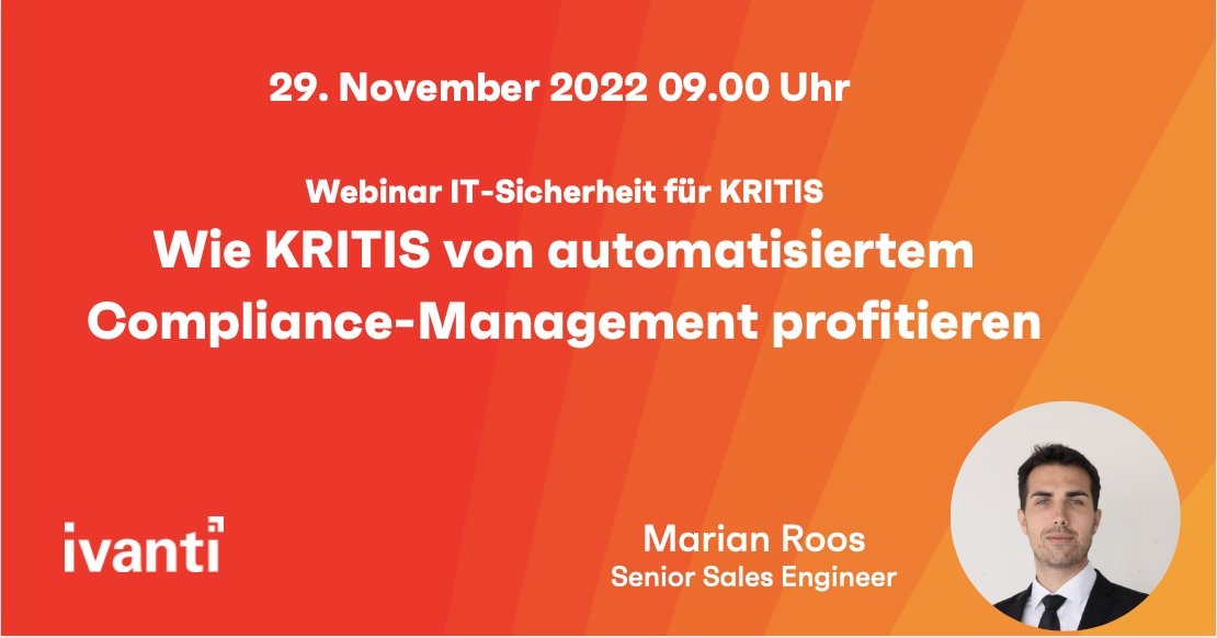 Ein weiteres Webinar steht für euch in den Startlöchern! 
Morgen um 09.00 Uhr erfahrt ihr anhand der #Ivanti-Lösungen „Neurons for ITSM“ und „Neurons for GRC“ wie KRITIS-Unternehmen Compliance-Herausforderungen besser meistern können. 
Seid dabei: bit.ly/3EwDLv3