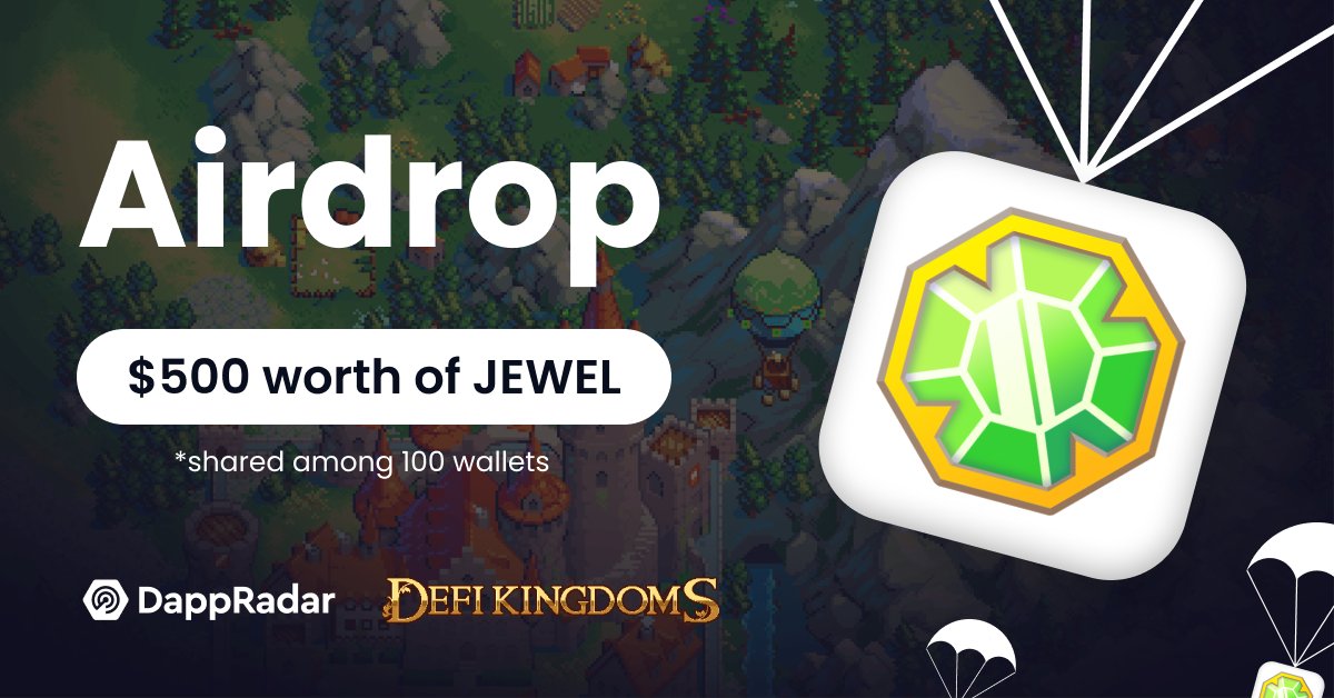 DappRadar's tweet photo. 🥳 To celebrate the @dfkchain integration into DappRadar, we decided to do an EXCLUSIVE airdrop for all the $JEWEL fans! @DeFiKingdoms 

#DFK #DeFiKingdoms #Airdrop 

📝 To signup, check below👇 https://t.co/0BY3UyDhcz