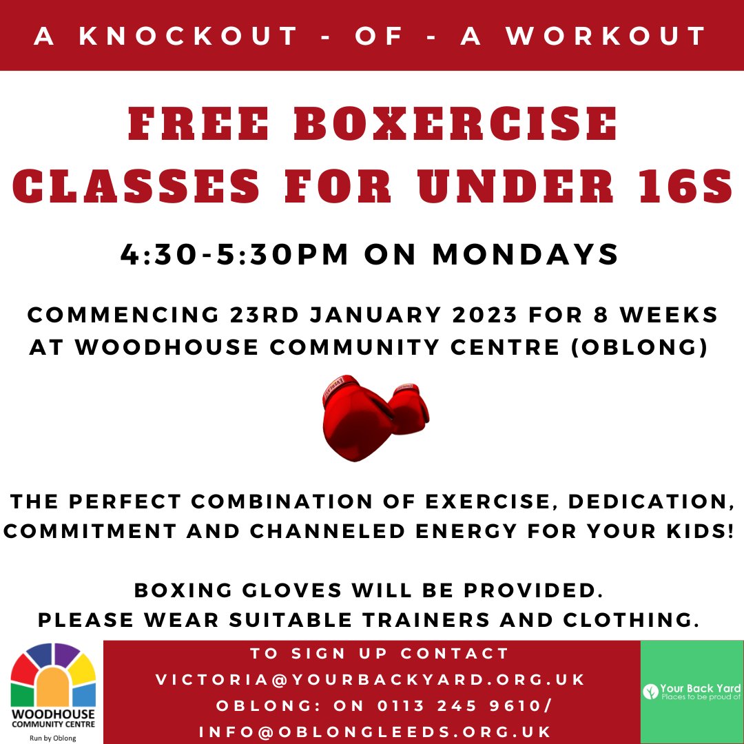 Oblongleeds's tweet photo. The free boxercise classes for under 16s are coming back in January! With Tayas and Your Back Yard! 

On Mondays from 4.30-5.30pm on Mondays from the 23rd of January! 

To sign up contact victoria@yourbackyard.org.uk !

#freeboxingclass #boxingleeds #boxerciseleeds #kidsboxing https://t.co/uFIcJ70Lxc