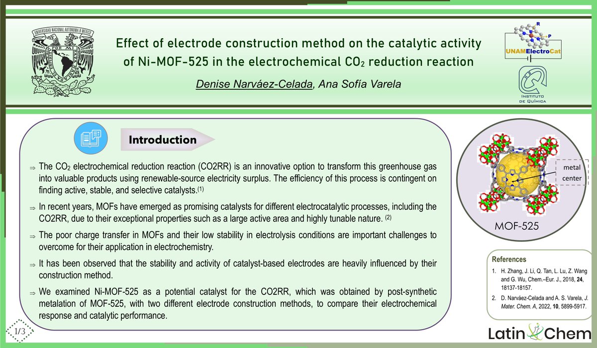 DeniseNarvaezC's tweet photo. Hi @LatinXChem! I'm really happy to share my work "Effect of electrode construction method on the catalytic activity of Ni-MOF-525 in the electrochemical CO2 reduction reaction" with everyone :D #LatinXChem22 #LXChemNanoMat #NanoMat039 #MOFs https://t.co/tOrwtqJEUD