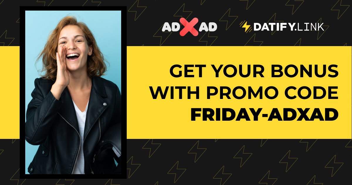 #ADxAD gives a 5% bonus on the first #deposit of $1000 for all Datify.Link customers. Just enter the code word FRIDAY-ADXAD when you sign up, and you'll get your #bonus.

Sign up with ADxAD and run HQ #traffic  👉 bit.ly/3UbCO0P