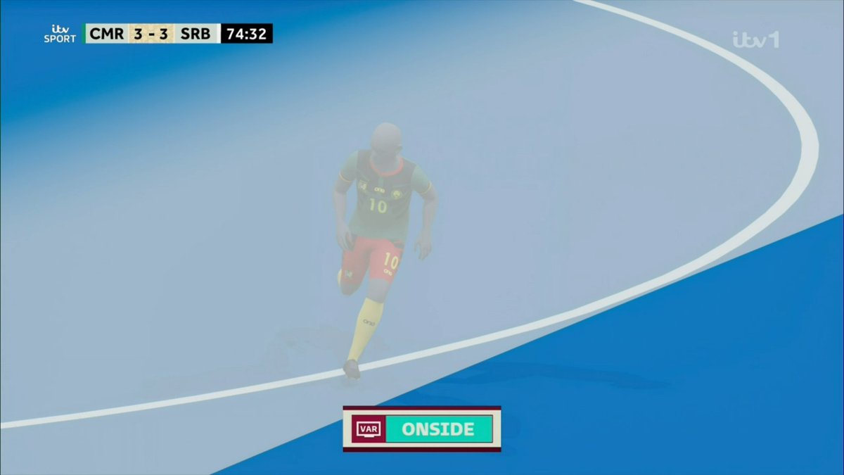 'Let's bring in Peter Walton. Peter, do you agree with this definitive graphic evidence of the Cameroon player being onside?' 'Yes, I do'. 'Thanks, Peter.'