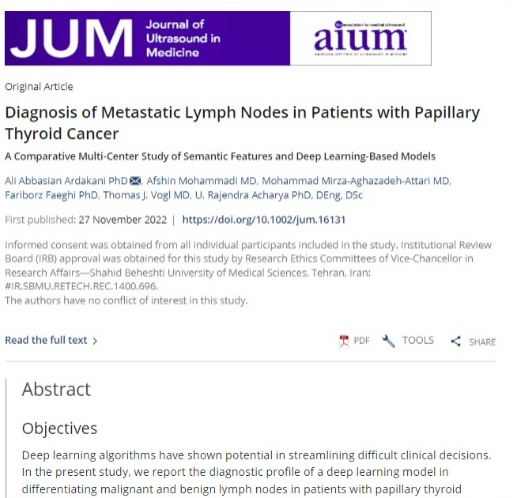 Alimedphysics's tweet photo. Our #DeepLearning based model was able to diagnose metastatic #LymphNodes with an AUC of 0.948 using all cohorts, which was superior to three #MachineLearning models with common imaging features used by radiologists.
See more on JUM: https://t.co/LMW3KRKMPT
@AIUMultrasound https://t.co/ghej5EXnTj