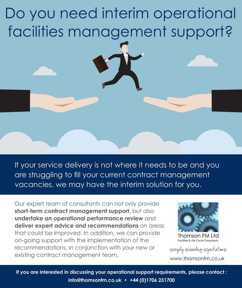 Each day this week, we will be highlighting one of several consultancy support services #ThomsonFM provide to our clients:

Day One: Interim Operational Support

If we can support you, please contact our General Manager @Whitbags 

#facilitiesmanagement