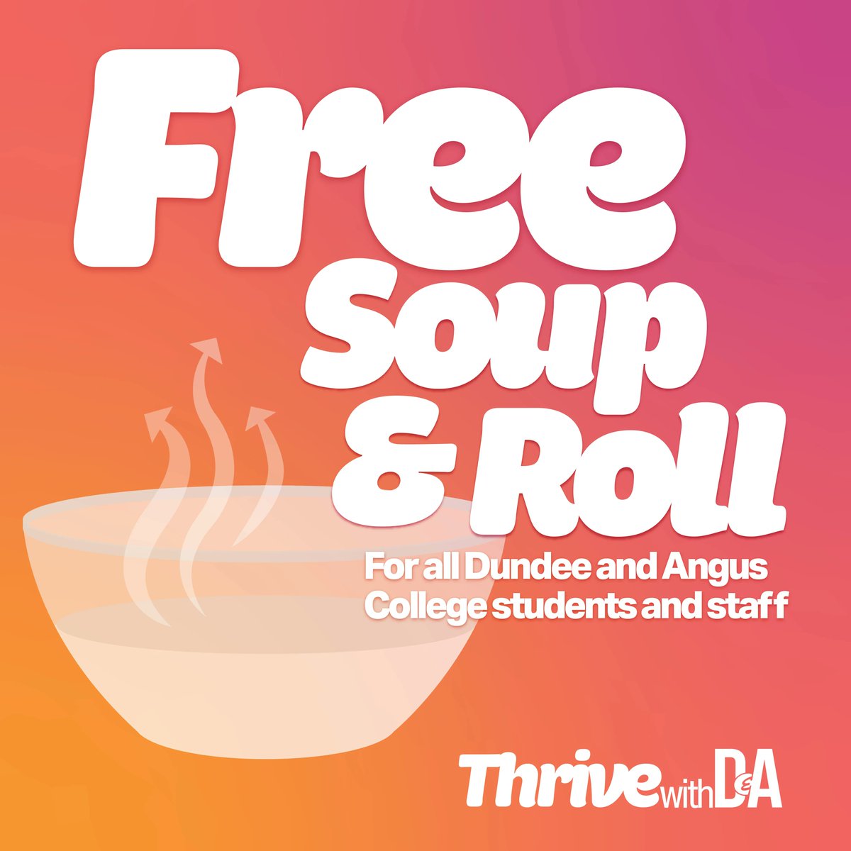 dundee_angus's tweet photo. It’s getting colder out there, so make sure to pick up your FREE bowl of soup and roll at one of our campus Catering Outlets. 🥣 😋 

Available to all staff &amp; students. 

#DAThrive #ThrivewithDA  #ChooseCollege #ChooseDA #HandsonDA https://t.co/7kydJmCdTg