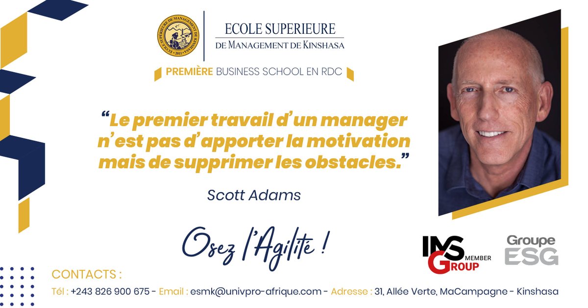 ESMK_Kinshasa's tweet photo. On en apprend tous les jours sur le Management !!
Quand on est est Manager, on doit aborder les choses avec pragmatisme et stratégie, d'où cette citation de Scott Adams.
Bonne semaine à tous !!
#businessschool #Managementchool #Osezlagilite #Kinshasa #Rdcongo #Ecoleformation https://t.co/4ZnPHYHra2