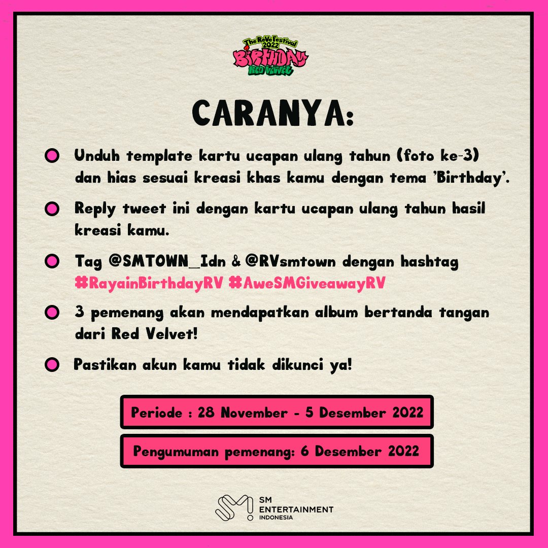 SMTOWN_Idn's tweet photo. Happy Birthday!

Kado spesial untuk ReVeluv! Ada 3 mini-album Red Velvet 'The ReVe Festival 2022 - Birthday' bertanda tangan yang bisa kamu dapatkan! 

#RayainBirthdayRV
#AweSMGiveawayRV
#The_ReVe_Festival_2022
#Birthday #RedVelvet @RVsmtown https://t.co/7VpGKjFqqF
