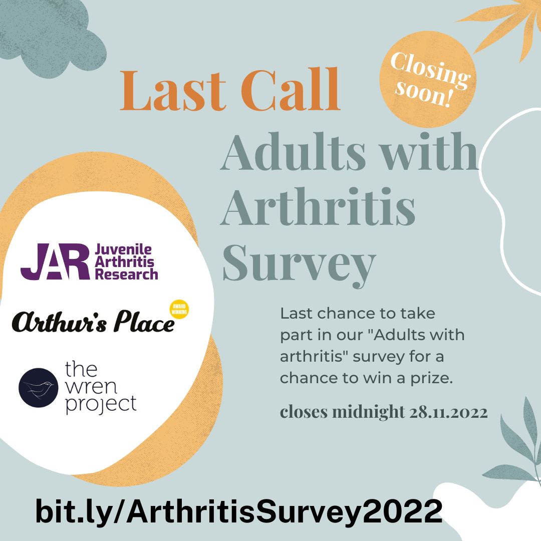 wren_project's tweet photo. SURVEY CLOSING TONIGHT: Are you an adult with any type of #arthritis, #rheumatic or #musculoskeletal condition? Our survey with 
@ArthursPlaceUK
 and 
@JARProject 
 looks at some of the issues that matter most to you.

https://t.co/jt5PwV4b3j

#JIA #ThinkJIA #RA #Lupus #JIAUK https://t.co/NV7UpYWFu6
