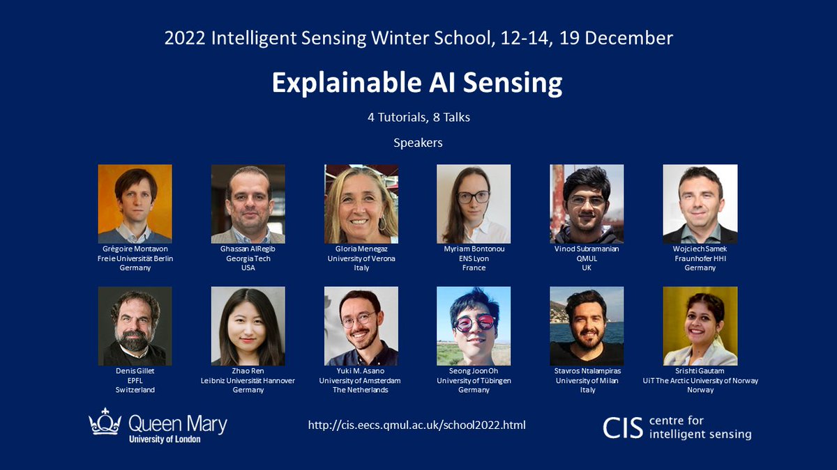 .<a href="/intelsensing/">Intelligent Sensing</a> Winter School on #Explainable #AI (online)

An amazing lineup of speakers giving 4 tutorials &amp; 8 talks.

Plenty of Q&amp;A time + the opportunity to present your ideas! 

Register now (free) &amp; join us on Dec: 12-14, 19 (2-4pm GMT):

eventbrite.co.uk/e/2022-intelli…

Please RT