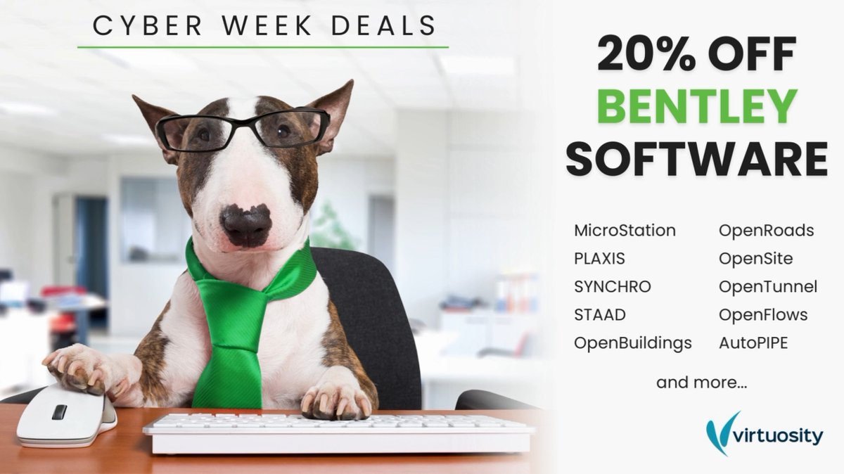 VirtuosityStore's tweet photo. 🚨20% off all Bentley software at https://t.co/n017auOs2F for Cyber Week! Use promo code "CYBER22" to get your discount today!🚨
Deal Ends Friday, December 2, 2022. Shop Now!
#BentleySoftware #BIM #CADdesign #infrastructure #civilengineering #MicroStation #OpenRoads #PLAXIS https://t.co/G4ZlluWXFs