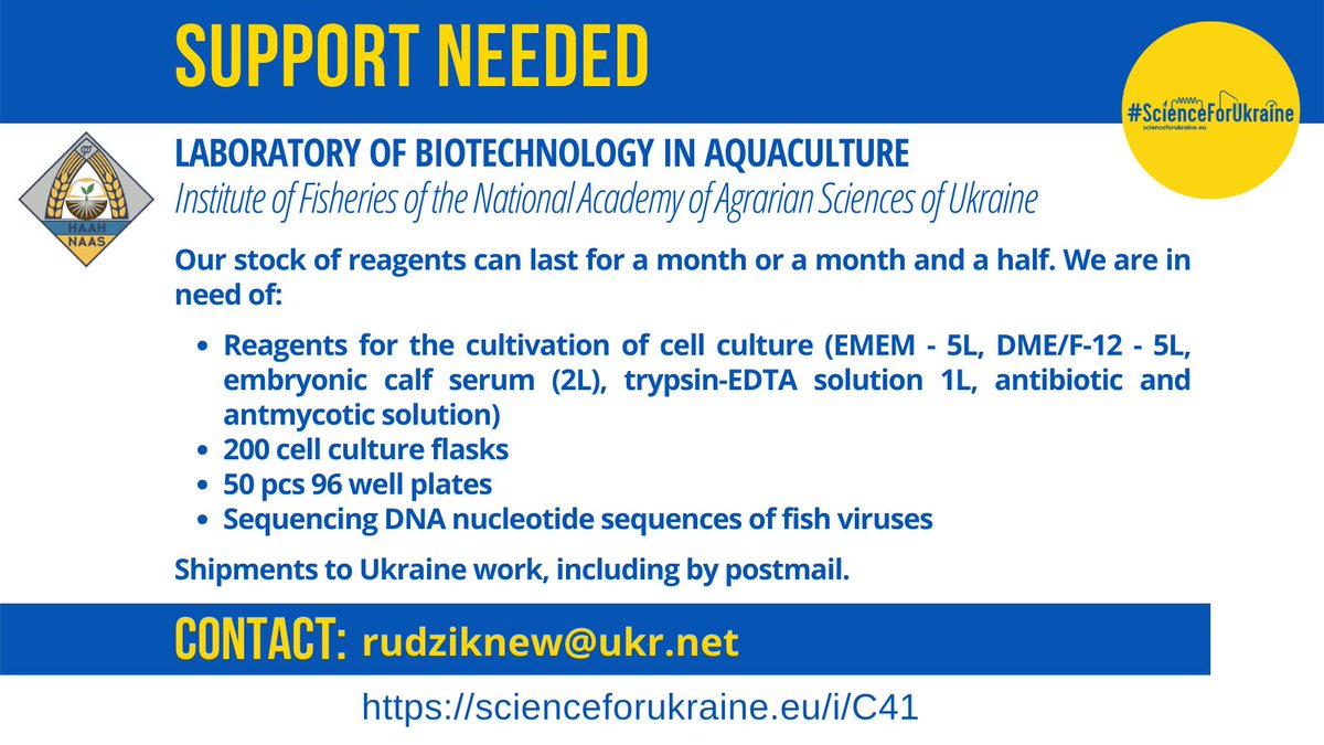 Sci_for_Ukraine's tweet photo. #SupportRequest🇺🇦
Institute of #Fisheries of the National Academy of Agrarian Sciences of Ukraine asks for help.
If you can offer support, please contact the Institute directly 👉 https://t.co/BJMOpAg4O7

Other support requests 👉👉👉 https://t.co/oq3vzlebHC https://t.co/y4W0qA4Xl3