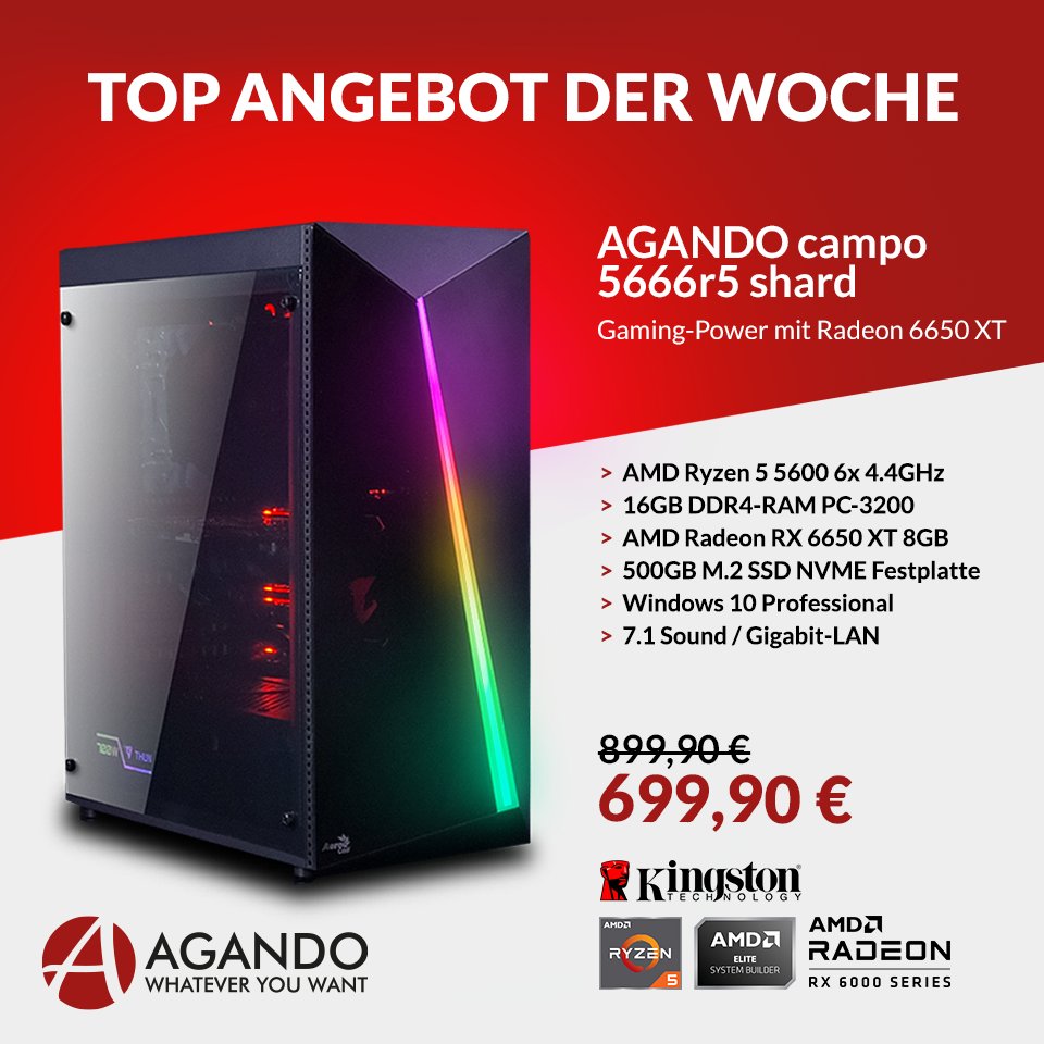 AgandoComputer's tweet photo. Unser #TopAngebot der Woche ist ab jetzt online!
>>> https://t.co/j3oPBXuUp0
Sichere dir deinen neuen Gaming-PC mit AMD Ryzen 5 5600, 16GB DDR4, AMD Radeon RX 6650 XT 8GB, 500GB M.2 , Windows 10 Pro, 7.1 Sound und Gigabit-LAN zum Angebotspreis!
#AGANDO #agandocomputer https://t.co/opllXTPWvf