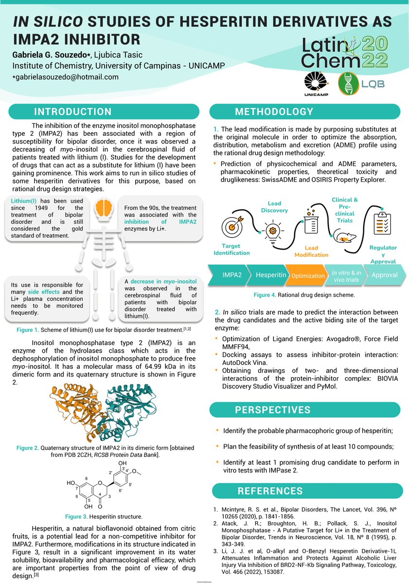 Glad to share my work at <a href="/LatinXChem/">LatinXChem</a> today! Here is a little introduction regarding my work "In silico studies of hesperitin derivatives as IMPA2 inhibitor". One of the goals of my project is to develop and alternative drug to lithium for bipolar disorder. 
#LatinXChem #LXChemBio