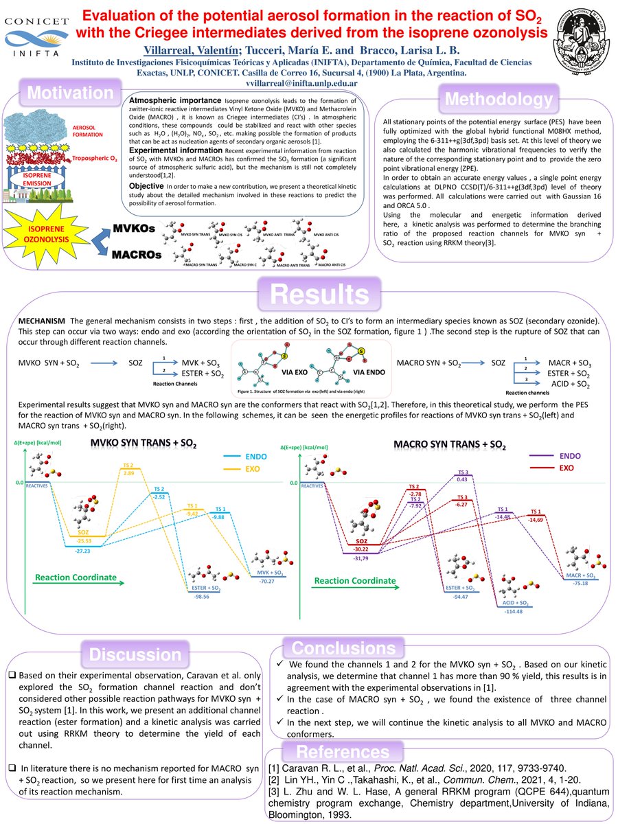 Hola <a href="/LatinXChem/">LatinXChem</a> community! My name is Valentin Villarreal and im glad to share our work "Evaluation of the potential aerosol formation in the reaction of SO2 with the Criegee intermediates derived from the isoprene ozonolysis" lets goooooo 
#LXChemPhys #Phys75 #LatinXChem22