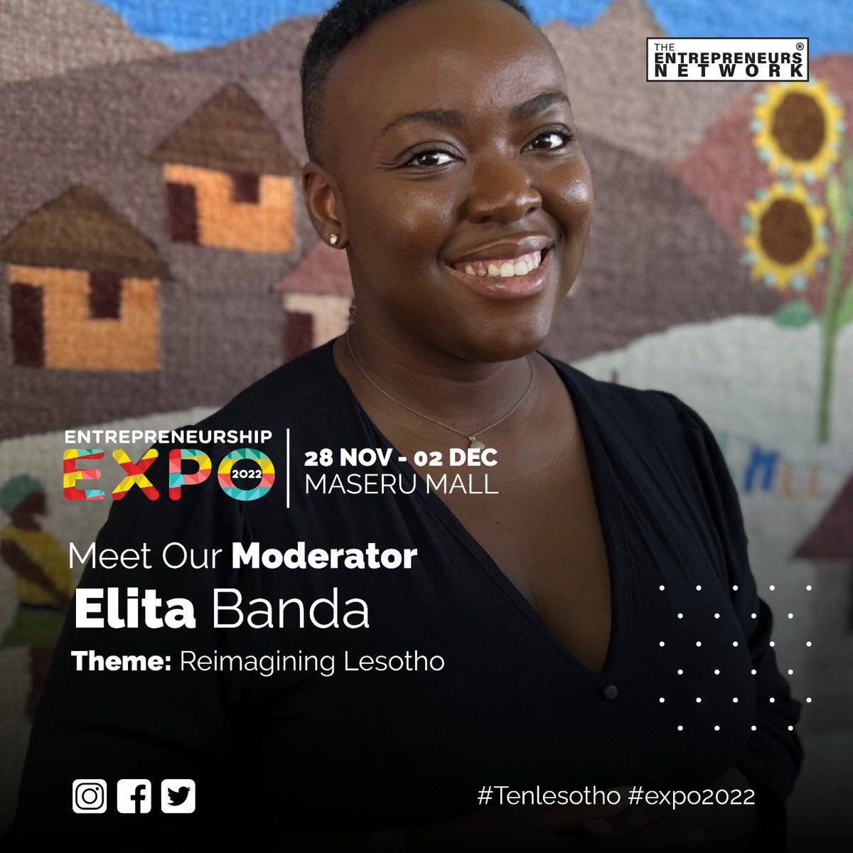 TENlesotho's tweet photo. We're excited to introduce the day One Theme Moderator, Elita Banda. She's a Development Comms Specialist working in the international development space with a career history of working in multilateral orgs incl. World Bank, US Embassy in Ls, UNICEF & ADB. #expo2022 #Tenlesotho https://t.co/34hSUFLPHk