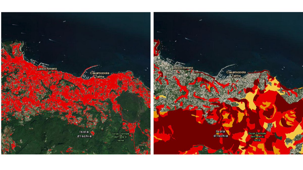 Isola di #Ischia #consumodisuolo di 15 ettari in 15 anni: in media, 10.000 m2 all'anno di nuove costruzioni, quasi 1/3 in aree a rischio #frana.
Nell’immagine, mappa di #Casamicciola con dati relativi a consumo di suolo (a sx) e quelli relativi alla pericolosità da frana (a dx).