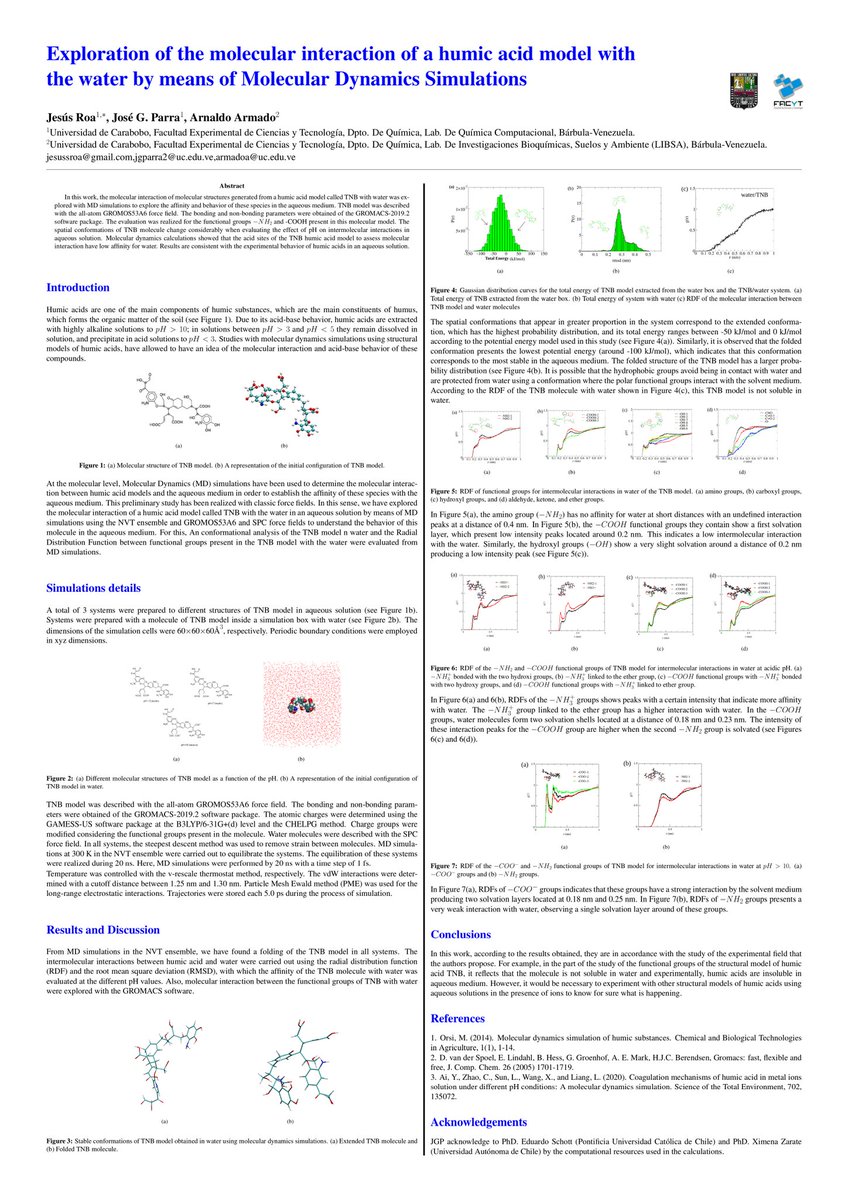 JosGParra1's tweet photo. Hello @LatinXChem  #LXChemComp #LatinXChem22  #Comp089, I am pleased to share our work: Exploration of the molecular interaction of a humic acid model with the water by means of Molecular Dynamics Simulations. A work realized by @jesussroa31 and supervised by @armadoa14 and https://t.co/egegzwo0t5