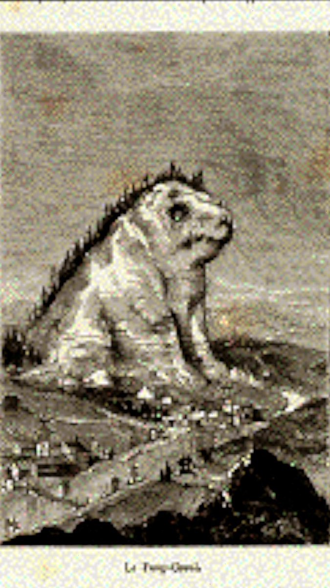 pakkooonMIRAI's tweet photo. 🟠1875年頃の中国の木版画
「Le Fong Chou」と書かれています。
（拡大したので画像が悪くてすみません😅）

海外のアンティークショップの中国コーナーにあったのですが、この絵だけがかなり浮いていました🤣
「いくつかの光点」と説明されています。

山？丘？生物？何これ？ https://t.co/1FGGwAoukJ