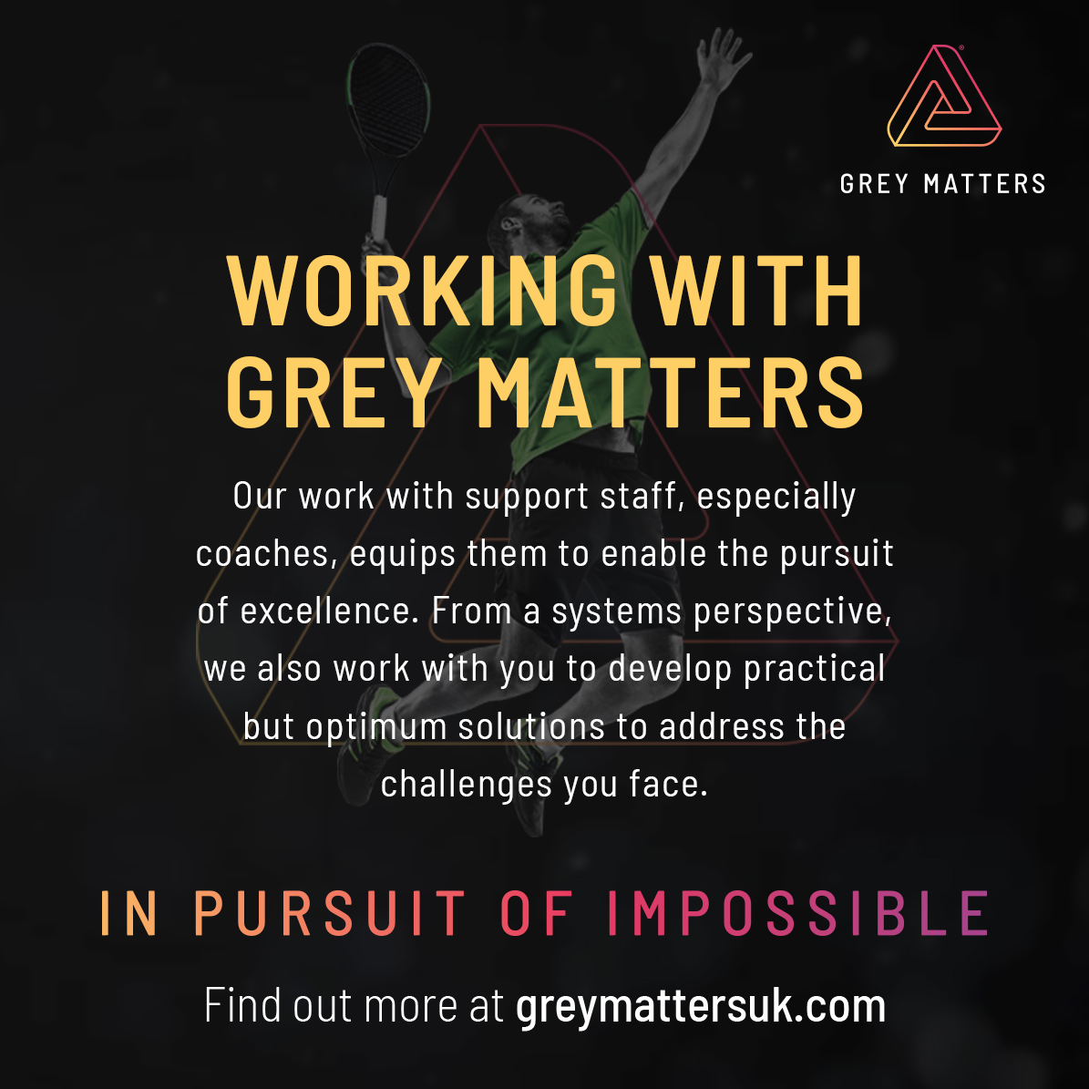 As practical academics (Pracademics), we research, coach and even still ‘do’ performance in a variety of domains, giving us unique skills and adaptable expertise to help YOU overcome your challenges.

#greymattersuk #sportpsychology #sport #coaching #training #performance