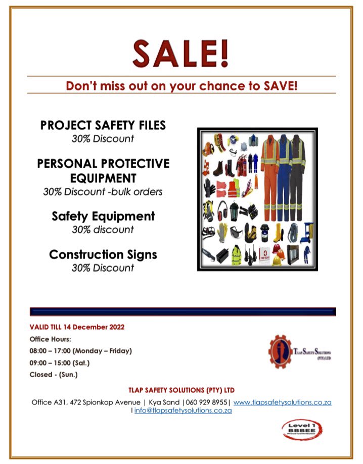 TlapSafety's tweet image. 30% discount on Safety Files, PPEs &amp;amp; Safety Equipment till 14 Dec. Prepare for 2023 now!! 
#Construction #constructionsa #AbsaSummerOfICan #safetyandhealth