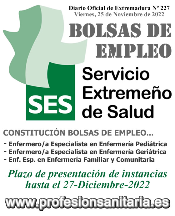 Constitución Bolsas de Empleo S.E.S.-Servicio Extremeño de Salud de Enfermeros/as Especialistas en Enfermería Geriátrica, Pediátrica y Familiar y Comunitaria. Plazo abierto de presentación de instancias hasta el 27-Diciembre-2022... FipoZmyWYAIwsCy?format=jpg&name=900x900