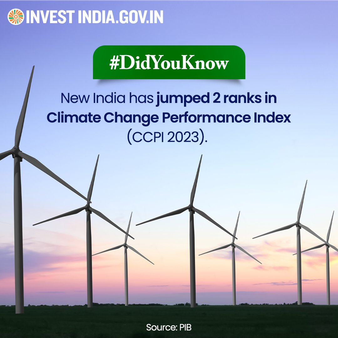 investindia's tweet photo. #InvestInIndia

#DidYouKnow: #NewIndia now stands amongst top 5 countries in the world as per the Climate Change Performance Index (#CCPI2023).

Read more at https://t.co/6BMswI0OeW

#InvestIndia #CCPI #ClimateChangePerformanceIndex #ClimateChange @mnreindia @OfficeOfRKSingh https://t.co/VkQCFRWrep